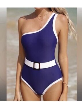 CUPSHE Colorblock Belted One Shoulder One Piece Swimsuit Bathing Suit NWT Sz S